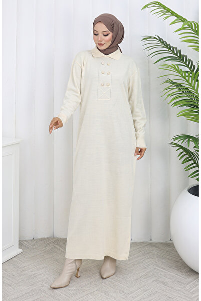 sefamerve Πλεκτό φόρεμα με λαιμόκοψη πόλο με λεπτομέρεια με κουμπιά 0007-05 Μπεζ