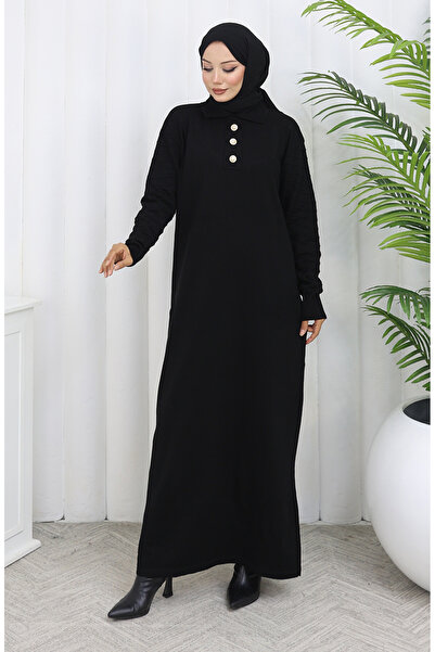 sefamerve Πλεκτό φόρεμα με γιακά πόλο με κουμπιά 1141-06 Μαύρο