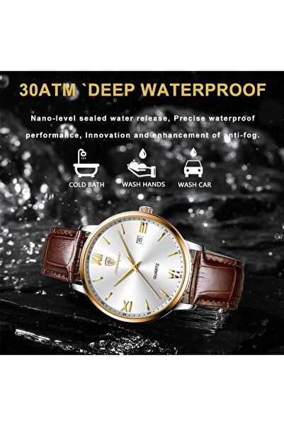 POEDAGAR Ανδρικό ρολόι, γνήσιο δερμάτινο λουράκι, καφέ-χρυσό, μπλε καντράν