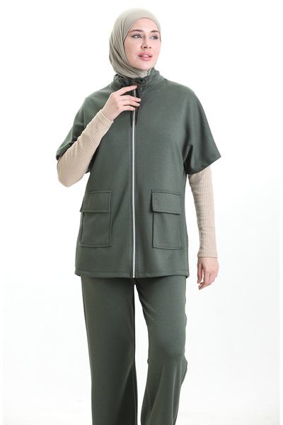 sefamerve Υφασμάτινο Premium σετ κοστούμι με γιλέκο Σετ 11330-05 Χακί