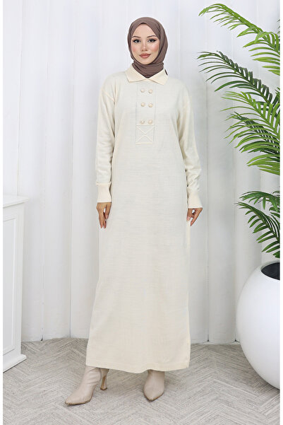 sefamerve Πλεκτό φόρεμα με λαιμόκοψη πόλο με λεπτομέρεια με κουμπιά 0007-05 Μπεζ