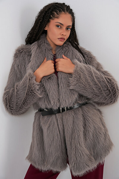Bigdart Women's Belted Oversized Fur Coat 9156 - Smoked