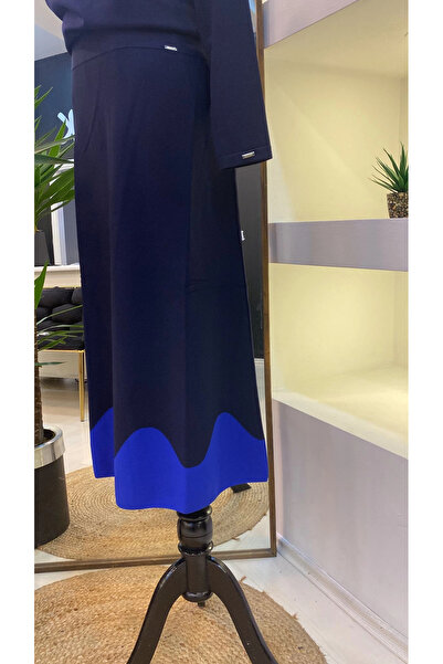 Invee Skirt with Wave Pattern at the Hem Navy Blue Rayon Knitwear A-Line Skirt 6905