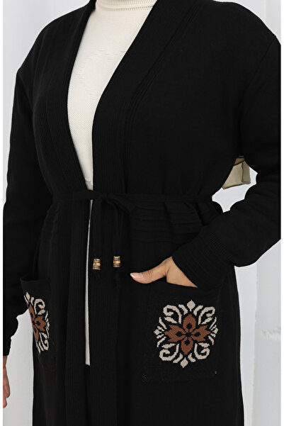 sefamerve Πλεκτό Κεντητό Μακρύ Ζακέτα 0022-04 Μαύρο