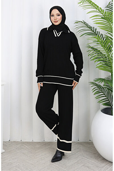 sefamerve Knitwear Corded Fabric Sweater Trousers Double Set 0010-04 Black