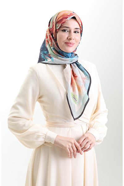 sefamerve Eșarfă din fibre naturale cu model Karaca 82016-12 Albastru închis Turcoaz