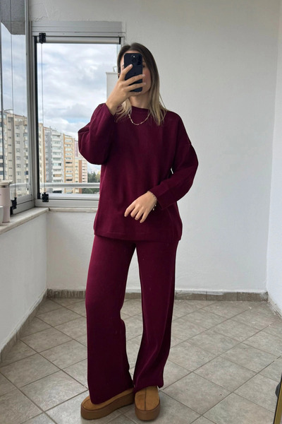 Kubos Moda Crew Neck Relaxed Fit Burgundy Knitwear Set