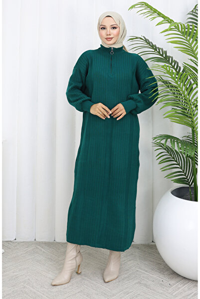 sefamerve Tricotaj material reiat Rochie cu fermoar 0005-03 Petrol