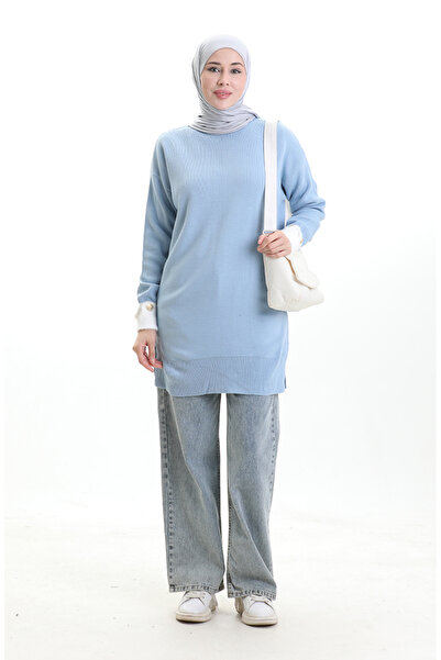 sefamerve Tricotaj Tunica cu detaliu cu nasturi pe maneca 3000-12 Albastru