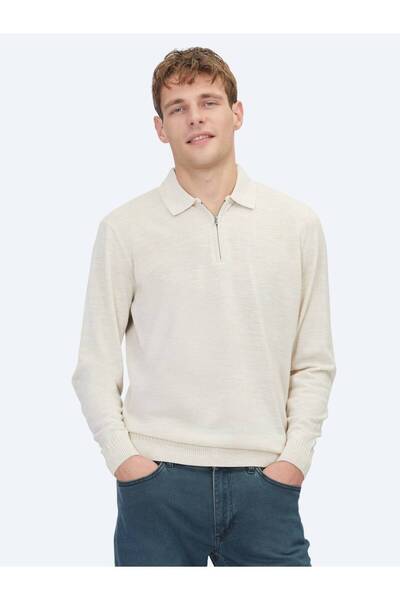 Kip Beige Polo Neck Jacquard Wool Blend Knit Sweater