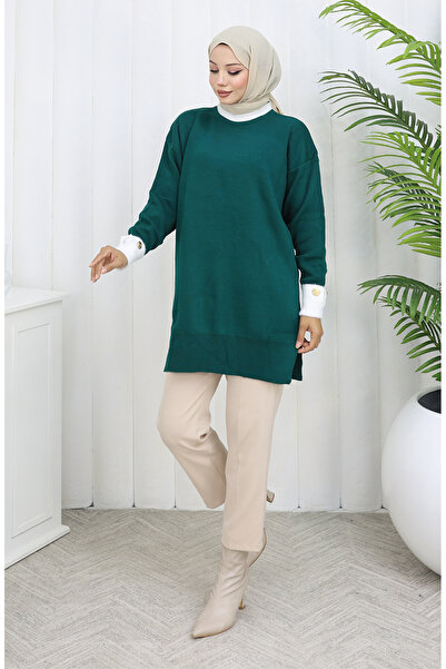 sefamerve Triko Kolu Düğme Detaylı Garnili Tunik 3000-06 Petrol