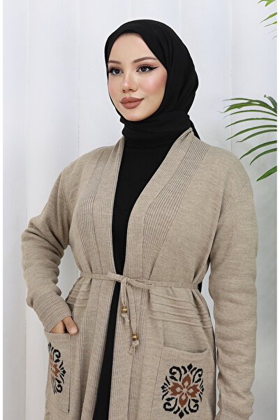 sefamerve Πλεκτό Κεντητό Μακρύ Ζακέτα 0022-02 Μπεζ