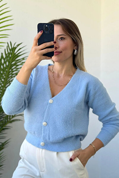 Kubos Moda Soft Bearded Blue V-Neck Women's Cardigan