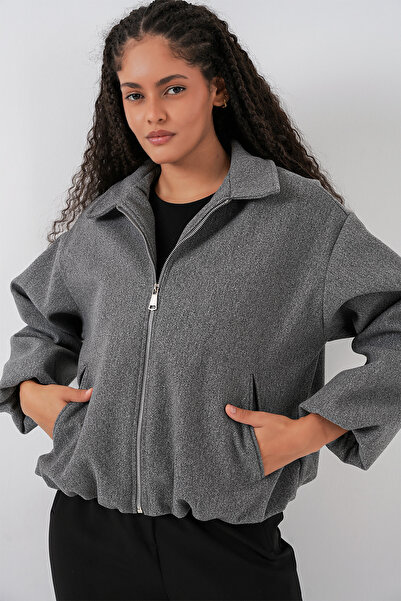 Bigdart Kadın Büzgülü Oversize Kaşe Ceket 0728 - Gri