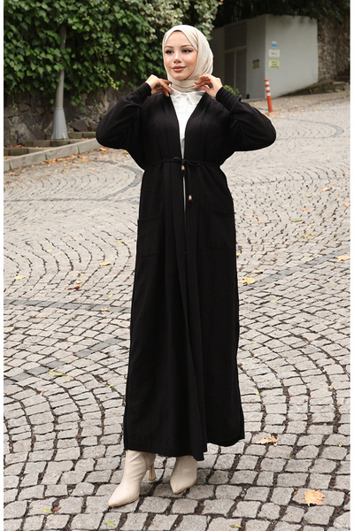 sefamerve Πλεκτό κοτλέ Μακριά Ζακέτα 0030-06 Μαύρο