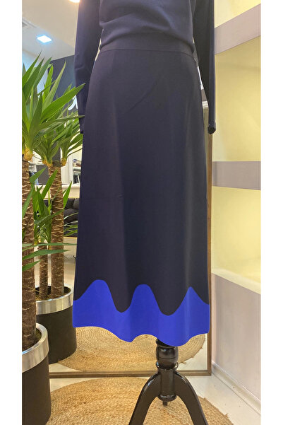 Invee Skirt with Wave Pattern at the Hem Navy Blue Rayon Knitwear A-Line Skirt 6905