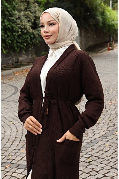 sefamerve Πλεκτό κοτλέ Μακριά Ζακέτα 0030-02 Καφέ