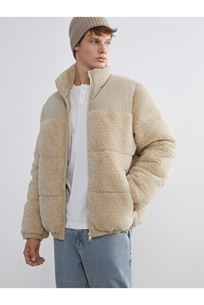 LC Waikiki Xside Beige Mock Neck Men's Plush Puffer Coat