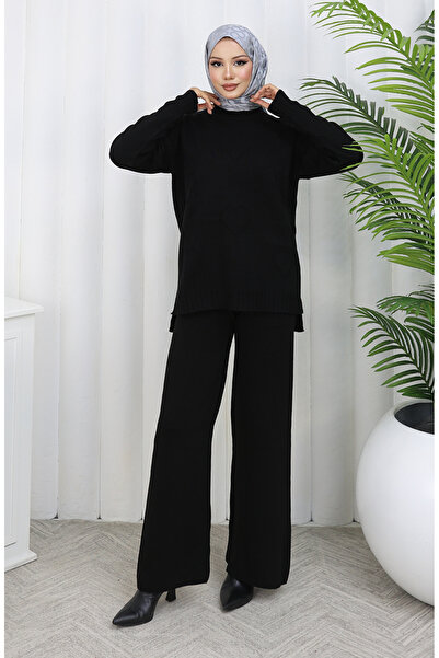 sefamerve Knitwear Heart Patterned Sweater Trousers Two Piece Set 0016-04 Black