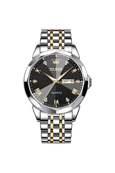 OLEVS Ceas barbatesc , otel inoxidabil, argintiu-auriu, cadran negru