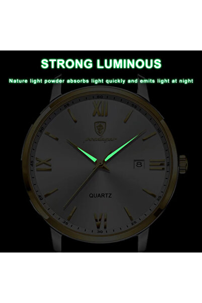 POEDAGAR Ανδρικό ρολόι, γνήσιο δερμάτινο λουράκι, καφέ-χρυσό, μπλε καντράν