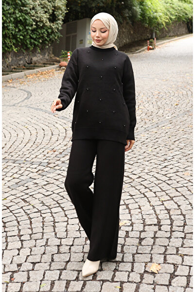 sefamerve Strickwaren-Set mit Steindetails, Pullover und Hose, zweiteilig, 0019-04, Schwarz