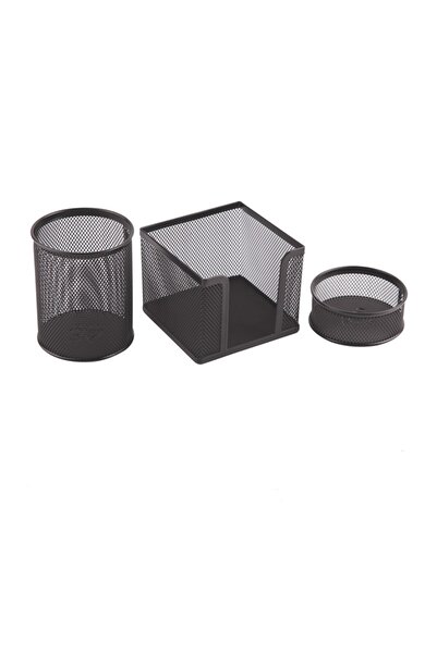 3A طقم مكتبي معدني مثقب 3 قطع أسود (مشبك ورق + مكعب ملاحظات + حامل أقلام)