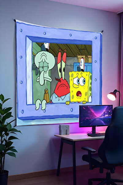 Halura Sünger Bob Temalı Duvar Örtüsü – Kaliteli Kumaş, Gamer Oyuncu Oda Dekoru Tapestry Duvar Halısı