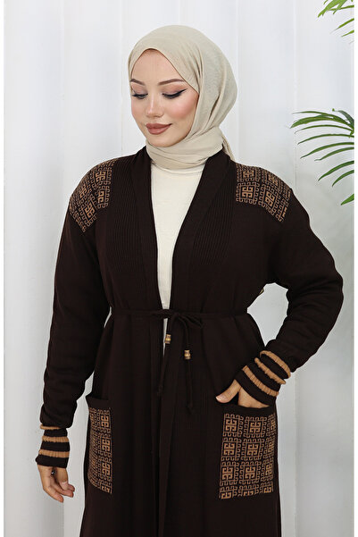 sefamerve Πλεκτό Κεντητό Μακρύ Ζακέτα 0027-04 Καφέ