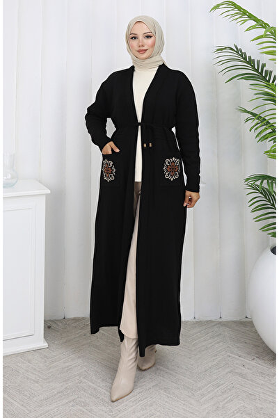 sefamerve Πλεκτό Κεντητό Μακρύ Ζακέτα 0022-04 Μαύρο