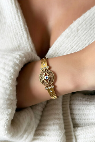 Modacaprea Çelik Nazarlık Gözlü Kadın Kelepçe Bileklik – 18 Cm Altın Renk Bil...