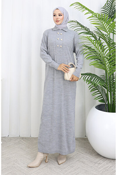 sefamerve Πλεκτό φόρεμα με λαιμόκοψη πόλο με λεπτομέρεια με κουμπιά 0007-01 Γκρι