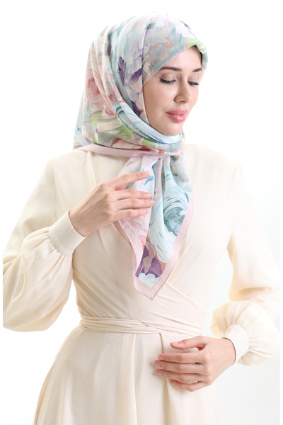 sefamerve Κασκόλ από φυσικές ίνες με σχέδιο λουλουδιών Karaca 82017-08 Ανοιχτό μπλε πούδρα