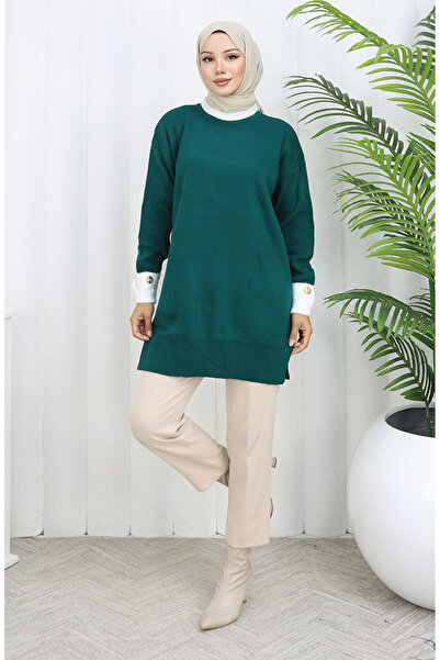 sefamerve Triko Kolu Düğme Detaylı Garnili Tunik 3000-06 Petrol