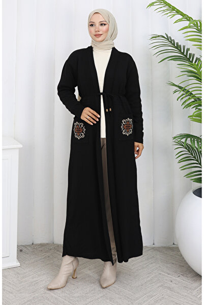 sefamerve Πλεκτό Κεντητό Μακρύ Ζακέτα 0022-04 Μαύρο