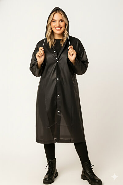 Sibel Günay Butik Unisex Waterproof Hooded Black Raincoat | Height 120 cm – Chest 70 cm