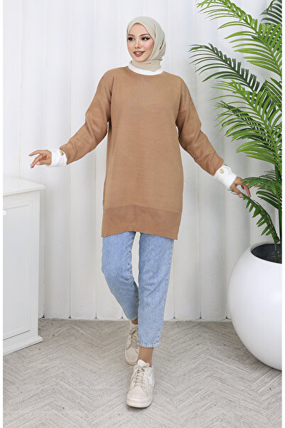 sefamerve تريكو بأكمام مزينة بأزرار بقطع قماش مخيطة معاً تونيك 3000-04 قهوة بالحليب