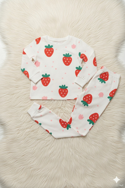 ROSAMİNA Red Strawberry Pattern 100% Cotton Pajama Set
