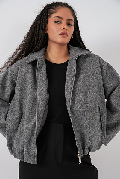 Bigdart Kadın Büzgülü Oversize Kaşe Ceket 0728 - Gri