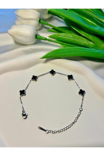 ATALYA ACCESSORY Mini Yonca Bileklik Modeli Gümüş Renk Siyah Taşlı Unisex Kar...