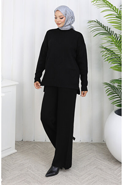 sefamerve Knitwear Heart Patterned Sweater Trousers Two Piece Set 0016-04 Black