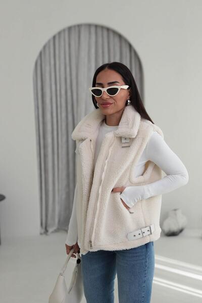 ModaLavida Yaka ve Bel Kemer Detaylı Teddy Ekru Yelek