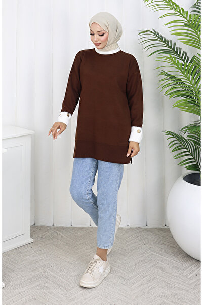 sefamerve Strickwaren-Tunika mit Knopfdetail am Ärmel, garniert, 3000-08 Braun