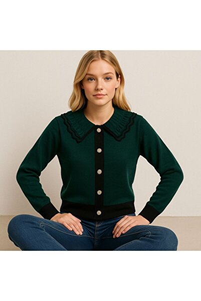 Sfg Life Moda Women's Trendy Stylish Knitwear Jacket-Cardigan with Ruffled Collar, Buttoned Front and Black Edge Detail