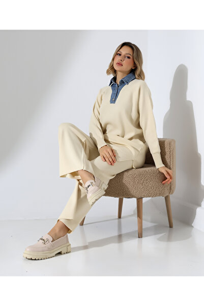 Cemre Life Women's Knitwear Two-Piece Set – Denim-Look Collar Detail Sweater and Wide-Leg Pants