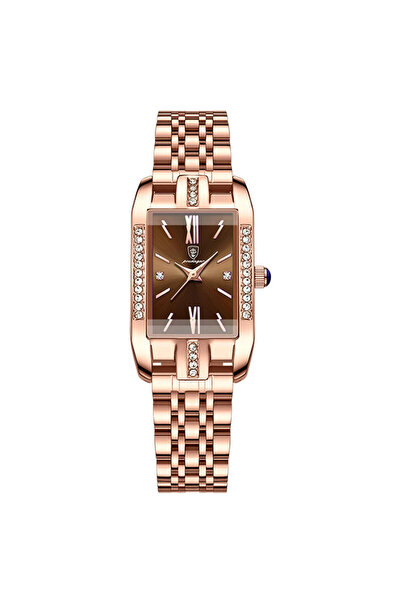 POEDAGAR Γυναικείο ρολόι, ανοξείδωτο ατσάλι, ροζ χρυσό, καφέ καντράν