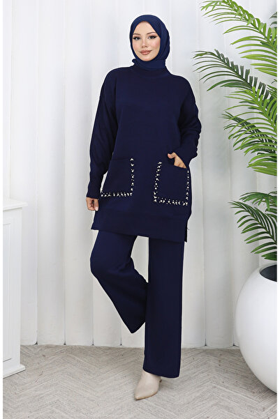 sefamerve Knitwear Pocketed Pearl Tunic Trousers Double Suit 1070-04 Navy Blue