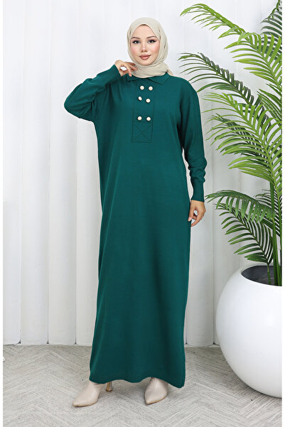 sefamerve Πλεκτό φόρεμα με λαιμόκοψη πόλο με λεπτομέρεια με κουμπιά 0007-03 Petrol