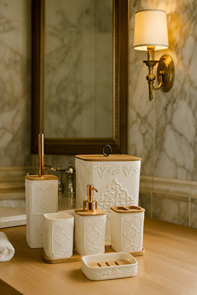 MAKRİ HOME 7 Parça Desenli Kare Bambu Kapaklı Beyaz Banyo Seti, Hacim: 8 litre