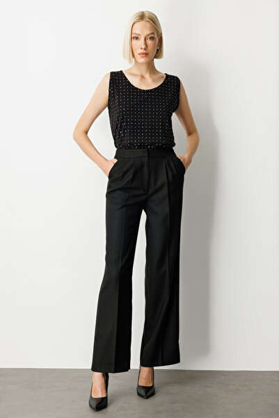Ekol Pile Detailed Wide Leg Trousers Black 5059-26K